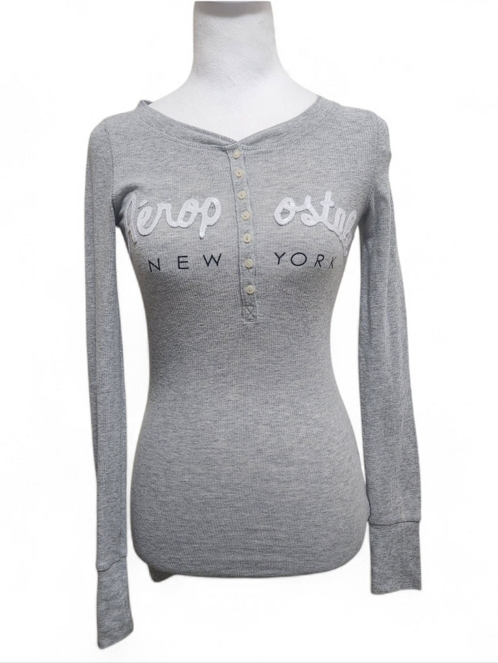 Aeropostale Y2K Women's XS Gray Henley Top Bella Swan Elena Gilbert Spellout